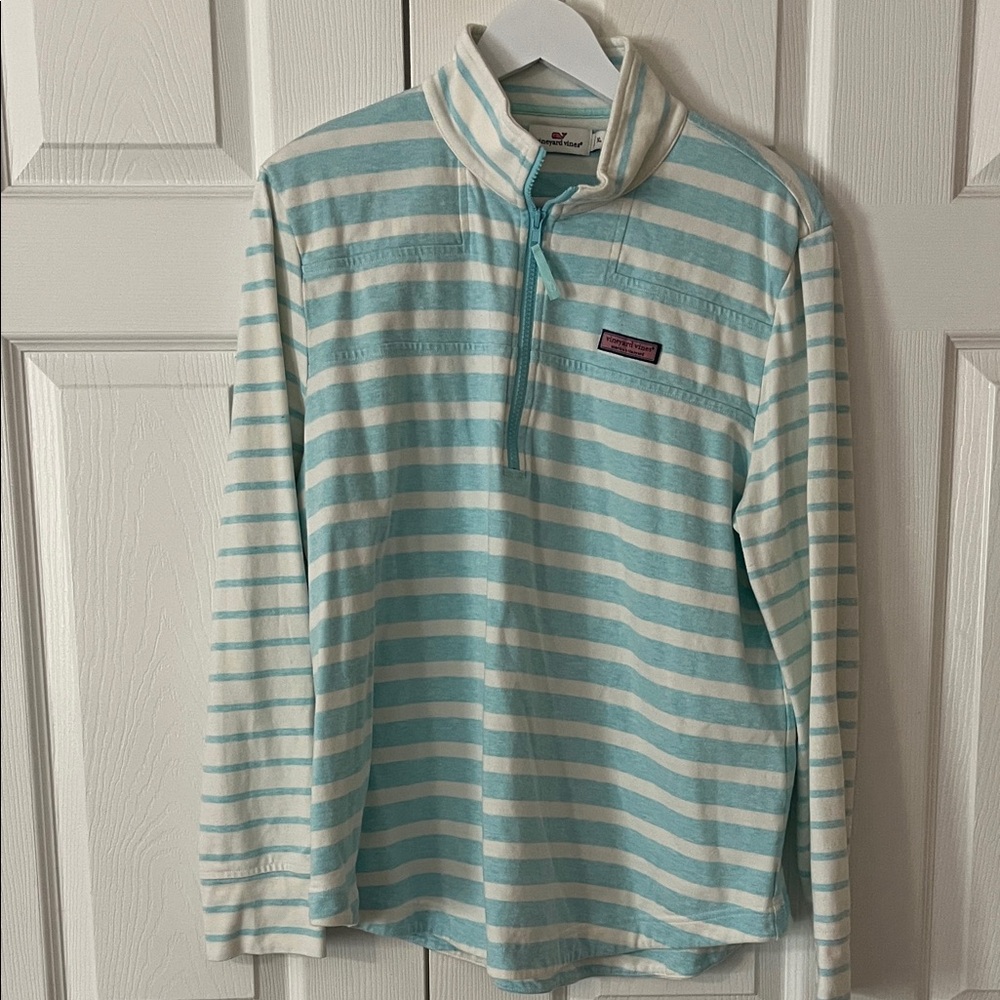 Vineyard Vines Aqua and White Striped Zip-Up Shep Shirt